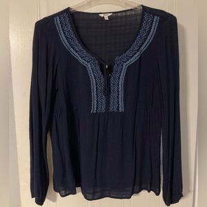 SONOMA Navy Blue Embroidered Babydoll Style Long Sleeve Top Size Large